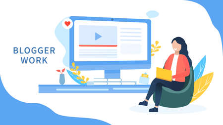 Video blogger making video for blog or vlog review. Cute girl video blogger and camera. Vector flat illustration.のイラスト素材