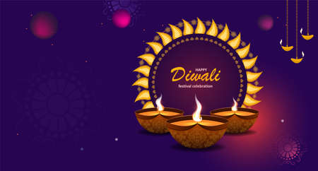 Banner for Diwali Festival. Purple tones, with realistically drawn oil lamps, fire and various symbols.のイラスト素材