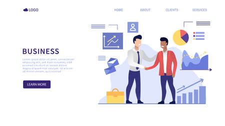 Partnership Concept. Financing of creative projects. Handshake of two business men. Agreement of parties. Signing documents. The investor holds money in ideas. Business team. Vector illustration.のイラスト素材
