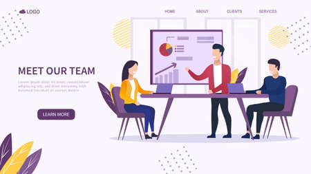 Vector illustration concept of business meeting, teamwork, training, improving professional skill. Creative flat design for web banner, marketing material, business presentation, online advertising.のイラスト素材