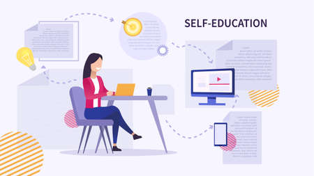 Students watching video tutorial on tablet with player sign. Online education, web educational video, online courses and training, e-learning concept, violet palette. Vector isolated illustration.のイラスト素材