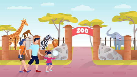 Zoo Entrance. Family on the weekend outdoor. Giraffe, Elephant, Monkey, Zebra Exotic african animalsのイラスト素材