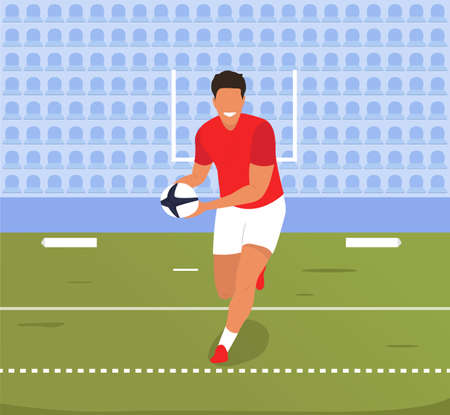 A rugby player runs with the ball across the field. The match has begun.のイラスト素材