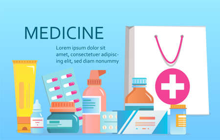 Set of medicines for treatment. Pills, bottles, vitamins, ointment, antibiotics.のイラスト素材