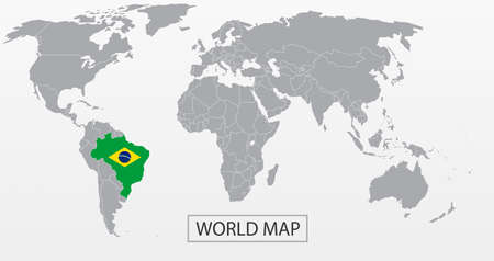 Political Vector Map of the world with clear borders with highlighted Brazil with national flag.のイラスト素材