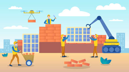 Professional builders in uniform building the house, attract new technologies for construction.のイラスト素材