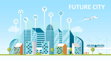 Smart city concept. City of the future. Landscape with skyscrapers modern technology.のイラスト素材