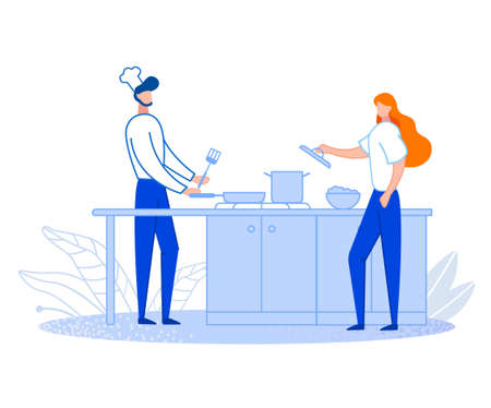 Cooking courses for beginners. The process of teaching a girl to cook. Housewife is studying. Chef explains the basics. Courses of a young wife for married life. Flat cartoon Vector Illustration.のイラスト素材