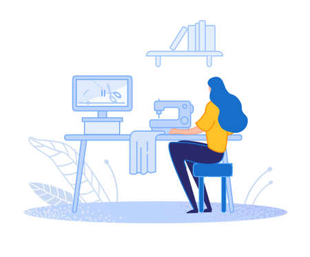 Online courses. A girl learns to sew from a video lesson. Self-education. Courses of young mothers for homework and responsibilities. Study of the sewing machine. Flat cartoon vector Illustration.のイラスト素材