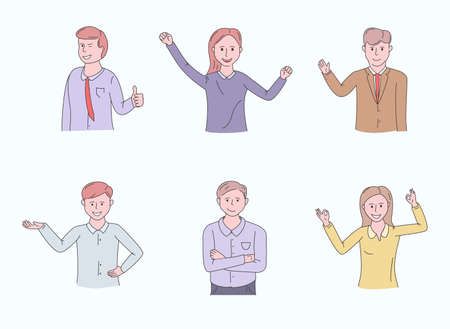 Confident people. Presentation woman, college student teacher and successful businesswoman. Emotions of office workers Joy, pride, confidence, kindness. Isolated Flat Cartoon Vector Illustrationのイラスト素材
