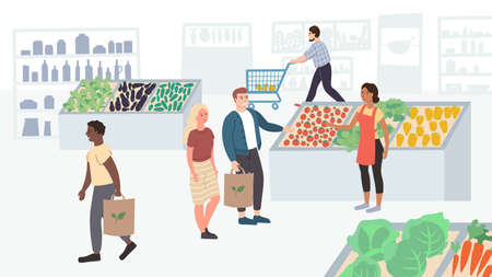 Young couple buying organic food at the local market. The store owner recommends vegetables from her garden. Healthy Nutrition Eco Friendly Life Style. Flat Cartoon Vector Illustrationのイラスト素材