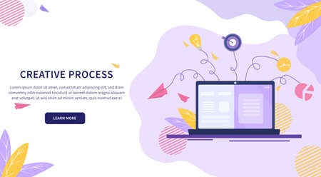 Concept of creative process. Landing Page for Creative. Successful launch of startup. Flat Vector Illustrationのイラスト素材