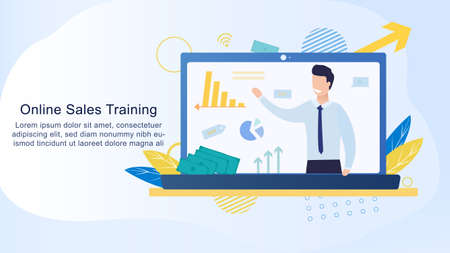 Concept of online sales courses. The mentor on the laptop shows the highlights in sales. Business sales. Landing page for sales courses. Successful business. Online education. Flat Cartoon Vector Illustrationのイラスト素材