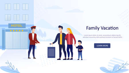 Young family on vacation. Tourists concept of lodging in hotel. Landing Page. Check into Hotel. The doorman helps with a suitcase. Flat Vector Illustrationのイラスト素材