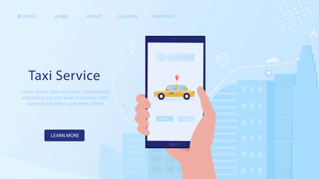 Online taxi service. Ordering a car via smartphone. Taxi ordering app. Landing Page with hand and with city silhouette on background. Taxi Tracking Online Taxi Available City. Flat Illustration Vectorのイラスト素材