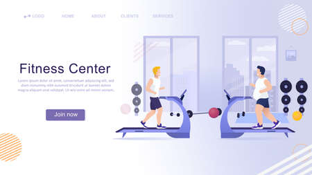Two men running on treadmills in gym. Silhouette of the city on the background. Modern fitness center. Sport fitness gym landing. Fitness club, gym tool. Flat Vector Illustrationのイラスト素材