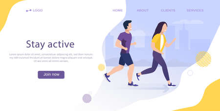 Running landing page template. The guy and the girl run in the city. Active lifestyle. Illustration for marathon, city run, training, cardio exercising. Landing Page. Flat Vector Illustrationのイラスト素材