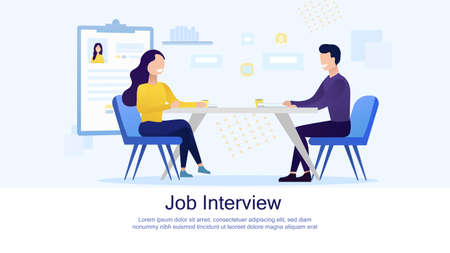 Interview, Negotiation, Meeting Flat Landing Page Mockup. Man and Woman Having Business Conversation. HR Manager and Job Seeker. Flat Vector Illustrationのイラスト素材