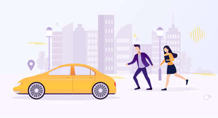 Workers man and woman rush to work trying to catch yellow car. Silhouette of the city on the background. Peope are Late for work. Flat Vector Illustrationのイラスト素材