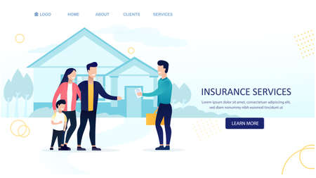 Happy family standing in front of house. Insurance vector concept with icons. Family with agent. Insurance policy. Flat Vector Illustrationのイラスト素材