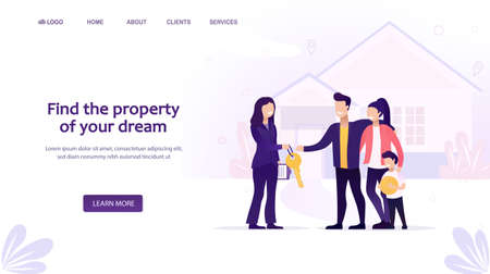 Happy family standing in front of house. Landing page template for mortgage, buying a house, real estate concept. A woman sells or rents a young family home. Flat Vector Illustrationのイラスト素材