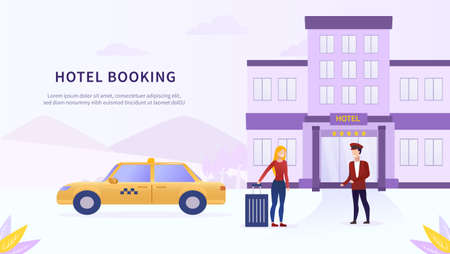 Hotel taxi cab service concept. Tourist arrives by taxi to the hotel. A mobile application for booking a taxi. Landing Page. Flat Vector Illustrationのイラスト素材