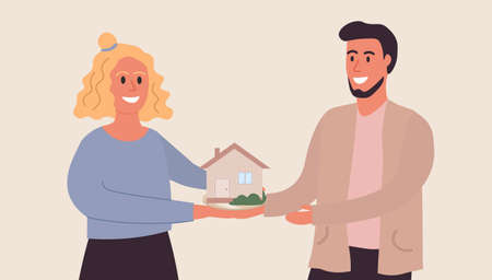 Young loving couple holding a mockup of their dream home in hands. Buying a home. Installments. Own Housing Program for Young People. Flat Vector Illustrationのイラスト素材