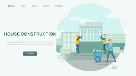 Happy Builder Designer Engineer Foreman Characters House Real Estate Fence. Landing page for construction. Flat Vector Illustrationのイラスト素材
