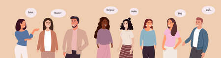 A group of friendly people of different races and cultures says hello in different languages from around the world.Vector illustrationのイラスト素材