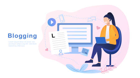 Video blogger making video for blog or vlog review. Cute girl video blogger and camera. Vector flat illustration.のイラスト素材