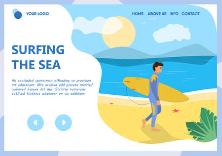 Man walking with surfboard on beach. Surfer on the beach. Blue water and yellow shore with sand. The guy is wearing a surf suit. Background silhouette of the island and morning sun Vector illustrationのイラスト素材