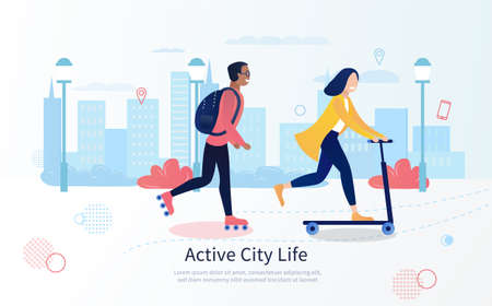 Young happy people riding on electric scooters. Modern city lifestyle. Ecological modes of transport. Banner. Holidays. Flat Vector Illustrationのイラスト素材