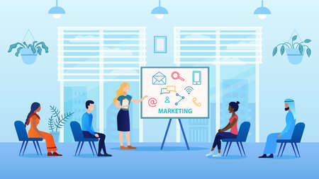 A multicultural group is studying marketing. Access education from around the world online. The quality of new education. Business training. Flat cartoon vector illustration. Can be banner or headerのイラスト素材