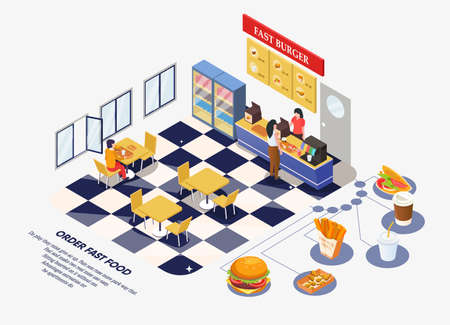 Fast food restaurant interior. The ordering process. Man sitting at the table, restaurant staff serve the customer. With space for text. Vector illustration isolated on whiteのイラスト素材