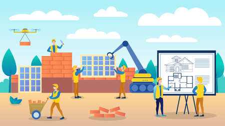 Engineers are considering a house construction plan. The construction manager reports to the senior manager. Employees try to keep up with the schedule. Vector flat cartoon illustrationのイラスト素材