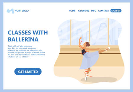 Beautiful girl Ballerina dancing on pointe elegant pose, ballet shoes, tutu skirt. Flat, cartoon, vector illustration isolated. Classes with professional. Can be a banner, sticker or headerのイラスト素材