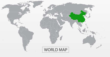 Political Vector Map of the world with clear borders with highlighted China. Each country is isolated and selectable. Suitable for reports, statistics, infographics, templates. Silhouette backdのイラスト素材
