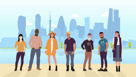 Collection of people of different nationalities, cultures, ages, employment. They live, work, relax, have fun in the big city. The city on the back with a lake in the park. Vector cartoon flat style.のイラスト素材