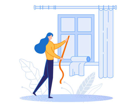 Woman doing routine homework to keep house. Measurements of curtains. Housewife dressmaker. Difficult female work. Mother of family. Can be a poster or banner. Flat cartoon vector Illustration.のイラスト素材