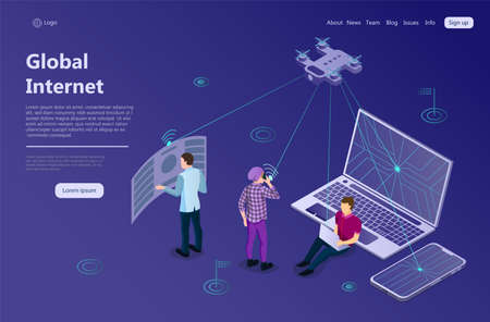 Global High Speed Wireless Exchange Concept. Digital electronic key access. New technologies in information sphere. Digital. Data transfer protocol. Web landing page 3d Isometric Vector Illustrationのイラスト素材