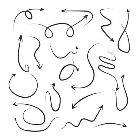 Doodle arrows thin lines set. Vector hand drawn arrow elements isolated on white.のイラスト素材