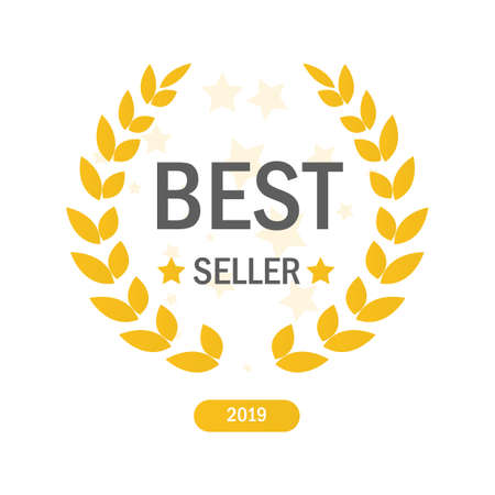 Best seller logo badge icon in gold colors. With gold stars inside. On a white background. Retro style with winner laurel wreath. Best Sales Officer. Employee award. Vector Illustration EPS10のイラスト素材