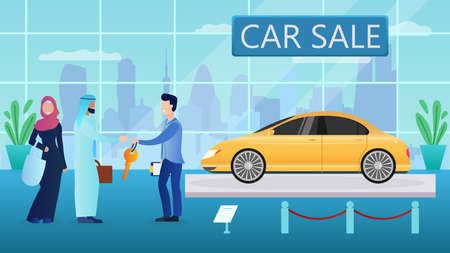 Happy Muslim Man and Woman in Traditional Arabic Ethnic Clothes Buying luxury car in Auto Dealer Saloon The seller gives the keys to the owner. City in the background. Flat Cartoon Vector Illustrationのイラスト素材
