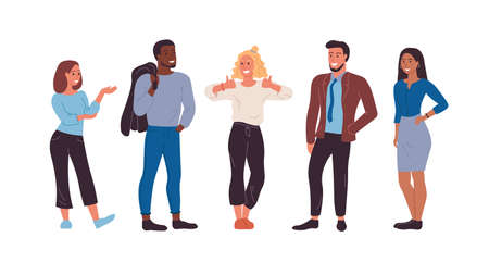 Business group of colleagues or employees. Different nationalities and races. The characters are happy and satisfying. Meeting old friends. Emotional positions. Flat Cartoon Vector Illustrationのイラスト素材