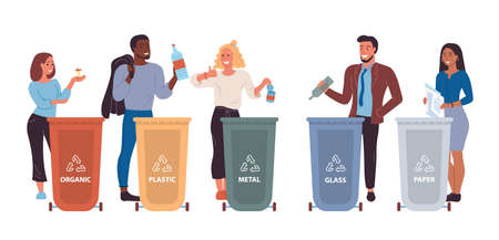 A group of people sorts the garbage. They are happy to protect nature Positive characters who care about the environment and put the garbage in for recycling. Isolated Flat Cartoon Vector Illustrationのイラスト素材