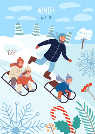 Dad and kids have fun in the winter vacation. Joyful children ride on sledges from the hill, their father runs with them and monitors the safety. Winter vacation card. Flat Cartoon Vector Illustrationのイラスト素材
