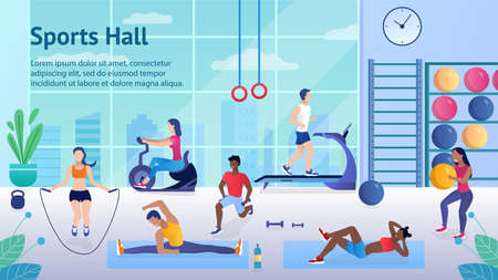 Diverse People at the gym do different exercises Jump on a skipping rope run on treadmills do fitness and use the exercise bike Sporty and beautiful. Healthy Lifestyle Flat Cartoon Vector Illustrationのイラスト素材