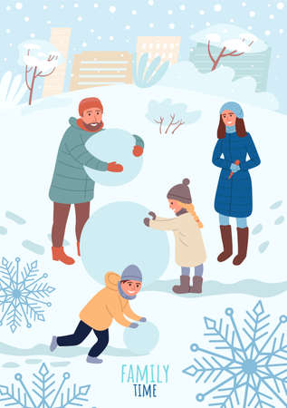 Cheerful Children and parents make a snowman. Have fun in the winter. Happy Family vacation. Sweet childhood Outdoor Activities. Winter vacation card banner or poster. Flat Cartoon Vector Illustrationのイラスト素材