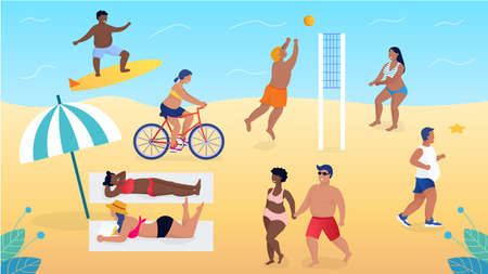 Overweight beautiful people relaxing on the beach complexes without complexes Play volleyball Lovers walking. Reading books They accept themselves as they are and live fully Flat Cartoon Vector Illustrationのイラスト素材