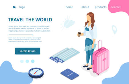 Young woman going on a trip. Pink suitcase. air tickets, passport, compass. Business trip concept. Travel the world. Landing page Template. Online tourism. 3d Isometric Vector Illustration Isolated.のイラスト素材